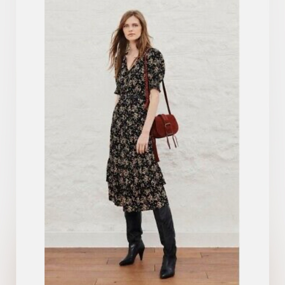 ba&sh Black Floral Tiered V-Neck Midi Dress
